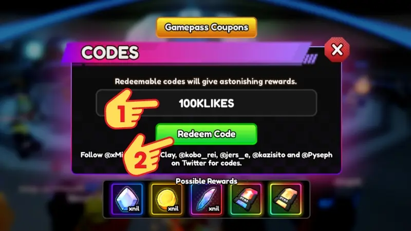 Bảng CODES trong Anime Vanguards với ô nhập code và nút Redeem Code