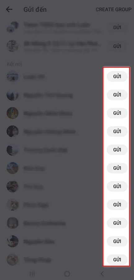 Danh sách bạn bè Facebook để gửi lời mời chơi Coin Master, mỗi người có nút Gửi