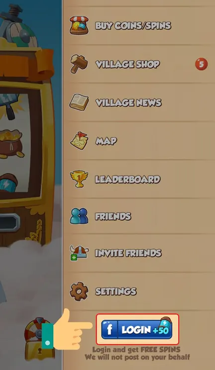 Menu Coin Master với nút Login +50, đăng nhập Facebook để nhận thêm spin miễn phí