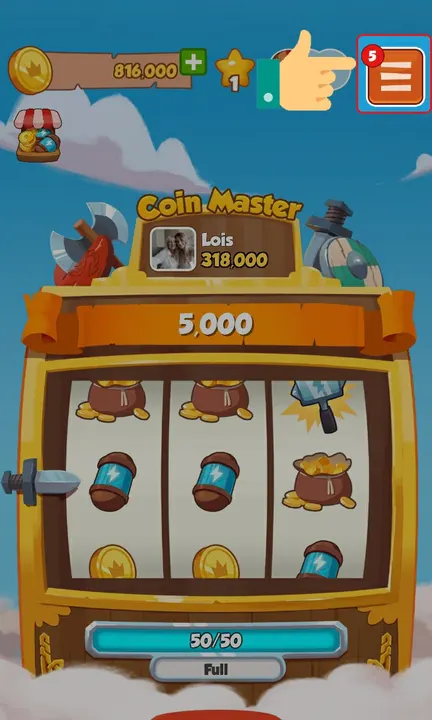 Màn hình chính Coin Master, biểu tượng 3 gạch ở góc phải trên cùng để mở menu