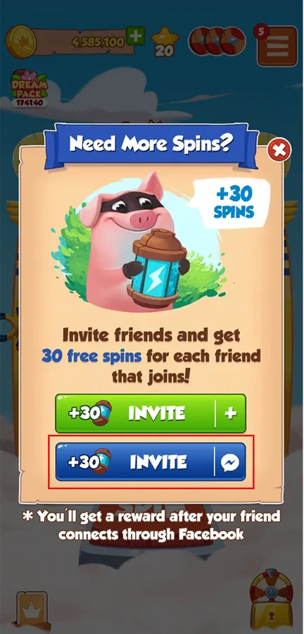 Bảng Need More Spins trong Coin Master: mời bạn bè qua Facebook Messenger để nhận 30 spin mỗi người