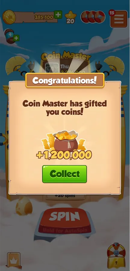 Bảng Congratulations trong Coin Master báo nhận thêm coin, bấm Collect để nhận