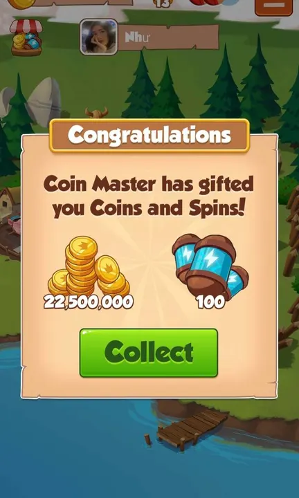 Bảng Congratulations trong Coin Master báo nhận Coins và Spins kèm nút Collect