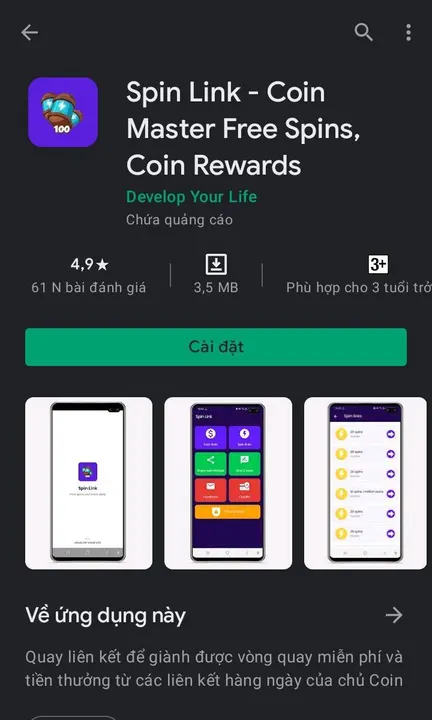 Trang tải app Spin Link Coin Master Free Spins trên cửa hàng ứng dụng với nút Cài đặt