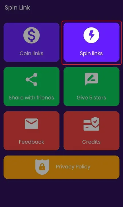 Màn hình chính app Spin Link với mục Coin links và Spin links