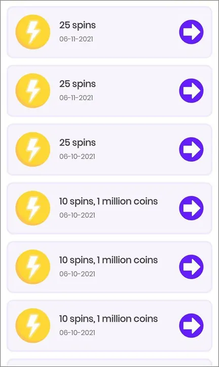 Danh sách link nhận spin và coin Coin Master trong app Spin Link, mỗi dòng có nút mũi tên