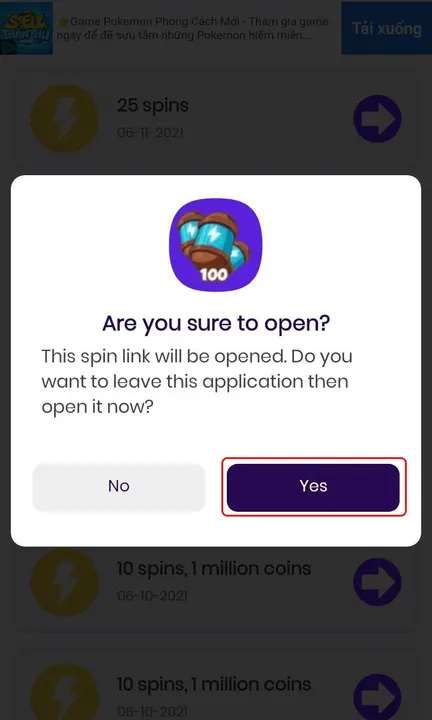 Hộp thoại Are you sure to open trong app Spin Link, bấm Yes để mở Coin Master